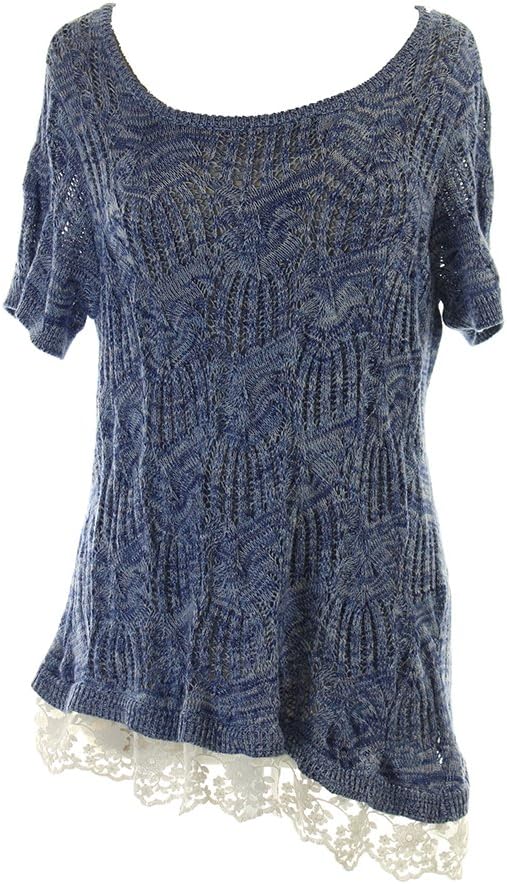 INC Womens Plus Lace trim Knit Pullover Top Blue 1X