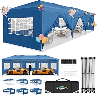 COBIZI 10x30 Pop Up Canopy Tent, 10x30 Outdoor Party Tent with 8 Removable Sidewalls, UPF 50+ Waterproof Portable Canopy for Parties, Commercial, Event with Carry Bag and 4 Sandbags (Blue, 10'x30')