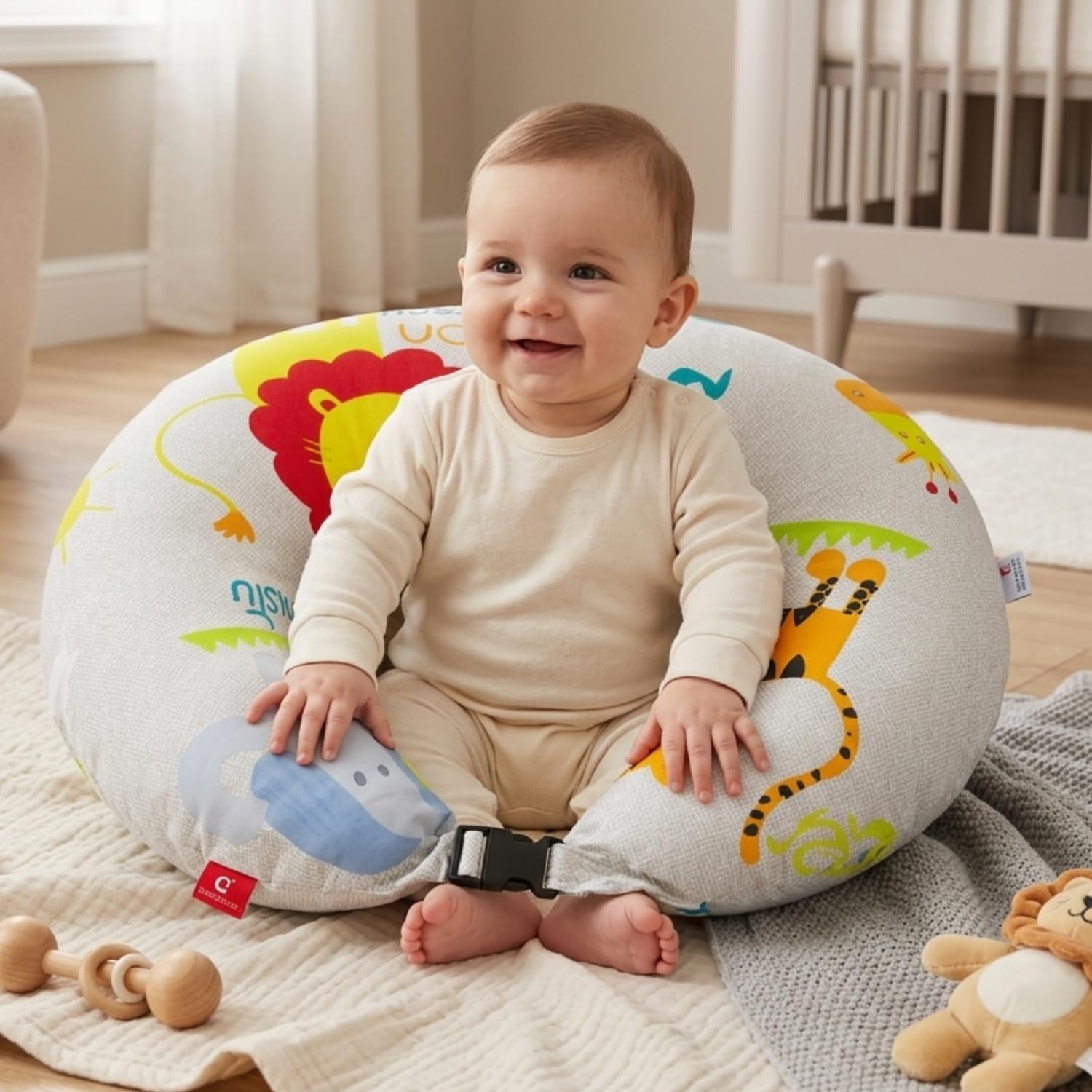 Large 5 in 1 Baby Feeding Pillow with 100% Cotton Removable Cover | Breastfeeding Pillow | Nursing Pillow with Adjustable Belt and Hoop (Grey Pillow, Large)-image-42