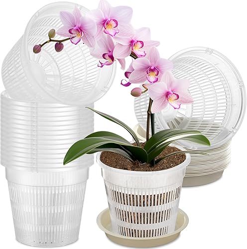 Zhehao 30 macetas de orquídeas con agujeros y platillos, macetas de plástico transparente para trasplantar, maceta de plástico transpirable para