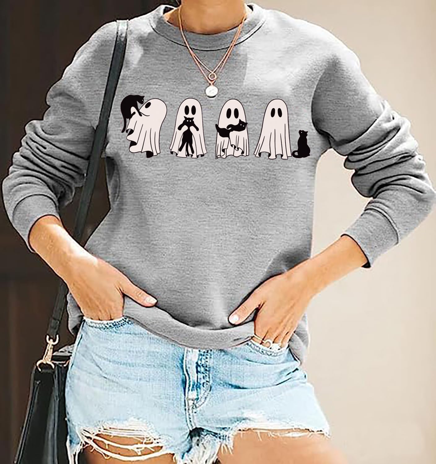 RFBIQI Halloween Ghost Sweatshirt Womens Cute Ghost Cat Graphic Pullover Tops Spooky Season Shirt Casual Shirt - Image 3