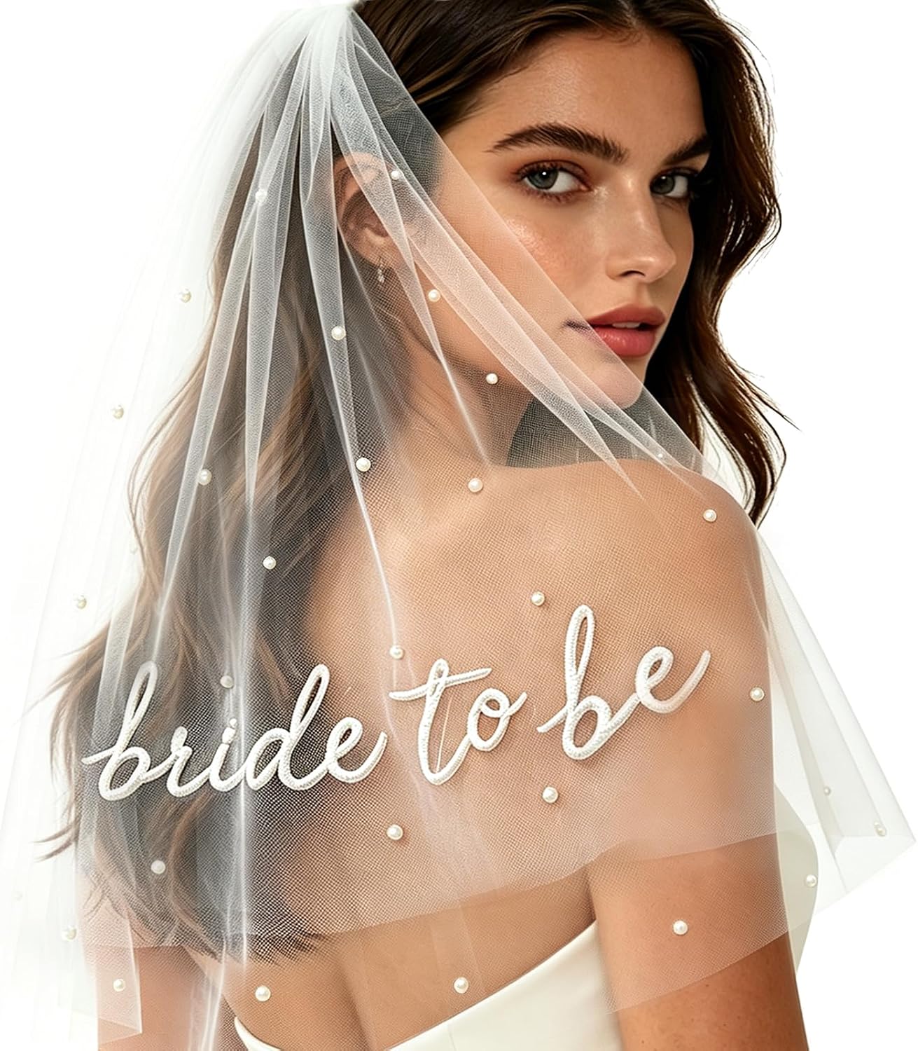 Bride to Be Veil – White Short Embroidered Bridal Veil with Pearls for Bachelorette Party, Wedding Shower, Bride Accessories, Photo Prop