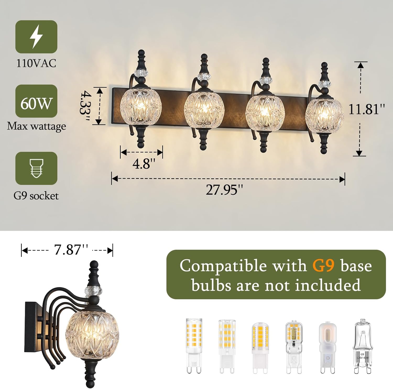 Modern Crystal Bathroom Vanity Lights Fixtures Over Mirror Black Vintage 4-Lights 28 Inch Bathroom Light Fixtures Glass Crystal Vanity Lights