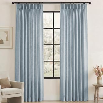Pinch Pleated Faux Linen Curtains 90" Stone Blue Light Filtering Drapes