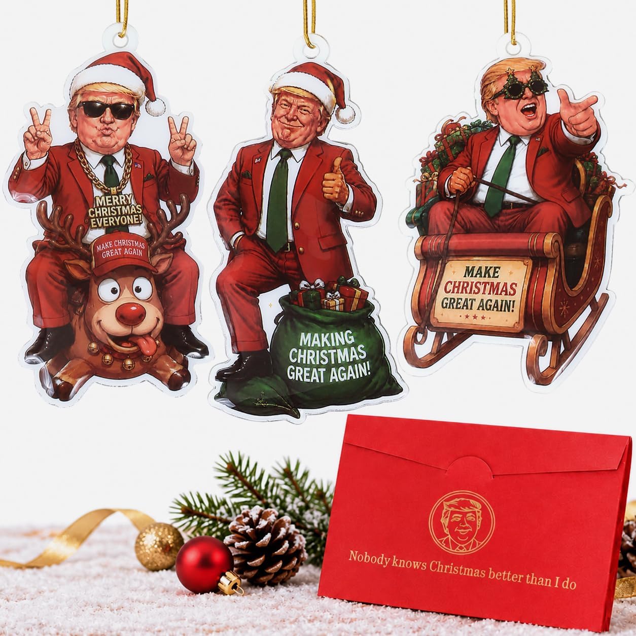 Donald Trump Christmas Ornaments, 3 Pack Funny Flexible Tree Decorations