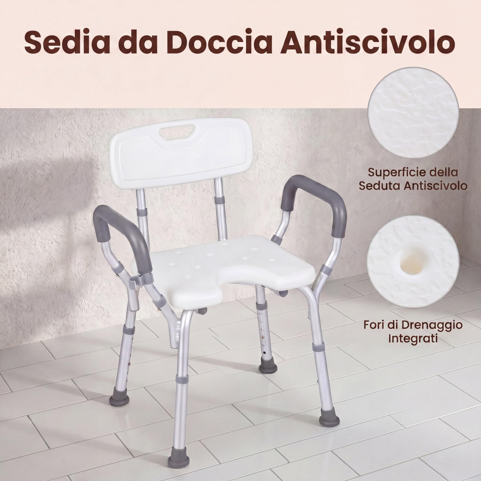 RELAX4LIFE Silla Ducha con Reposabrazos, Taburete Baño Ortopédico con 6 Alturas Ajustables, Soporte para Cabezal de Ducha, Marco de Alumnio, Asiento Antideslizante para Baño, Carga 136 kg
