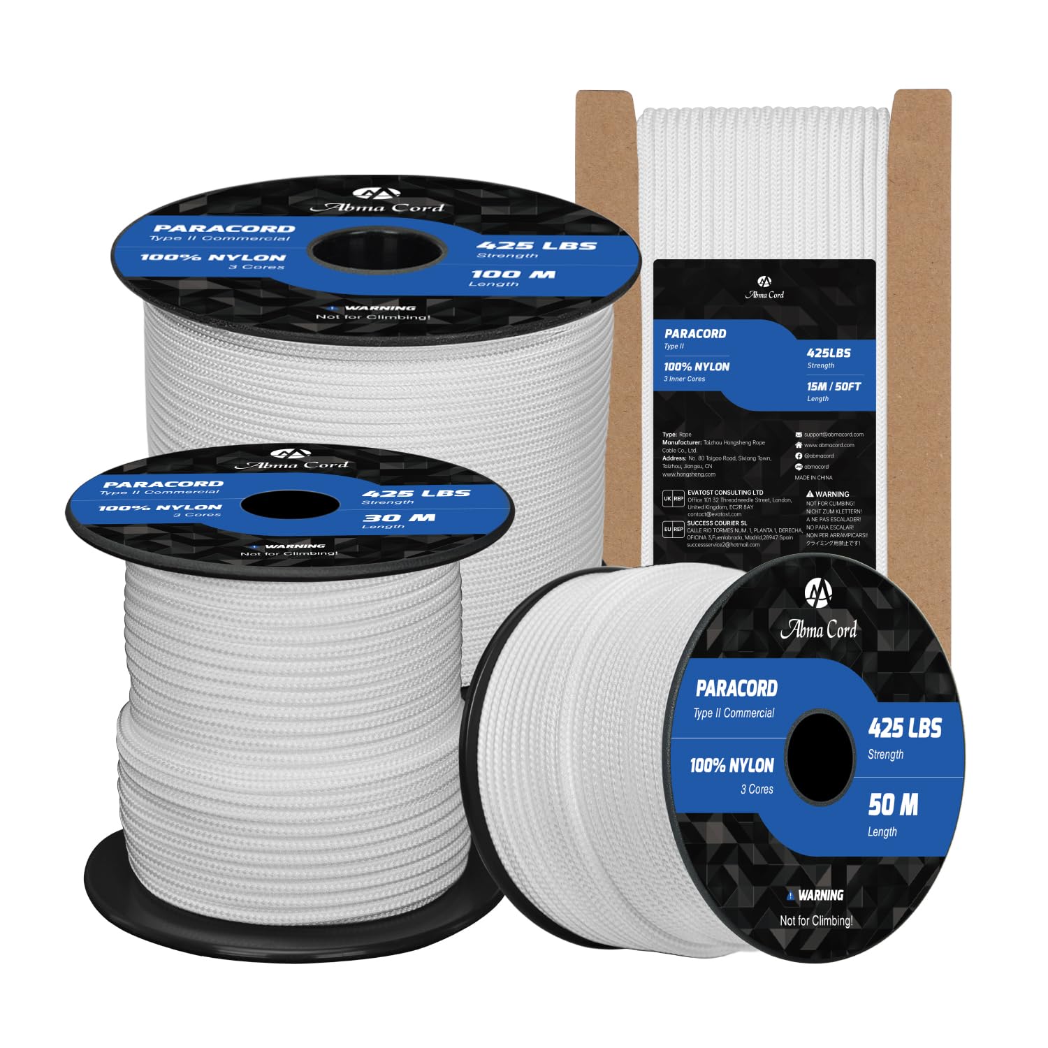 Abma Cord Paracorde 3mm 30m Corde Nylon Type II 3 Brins Extérieure - Max. 192 kg Blanc