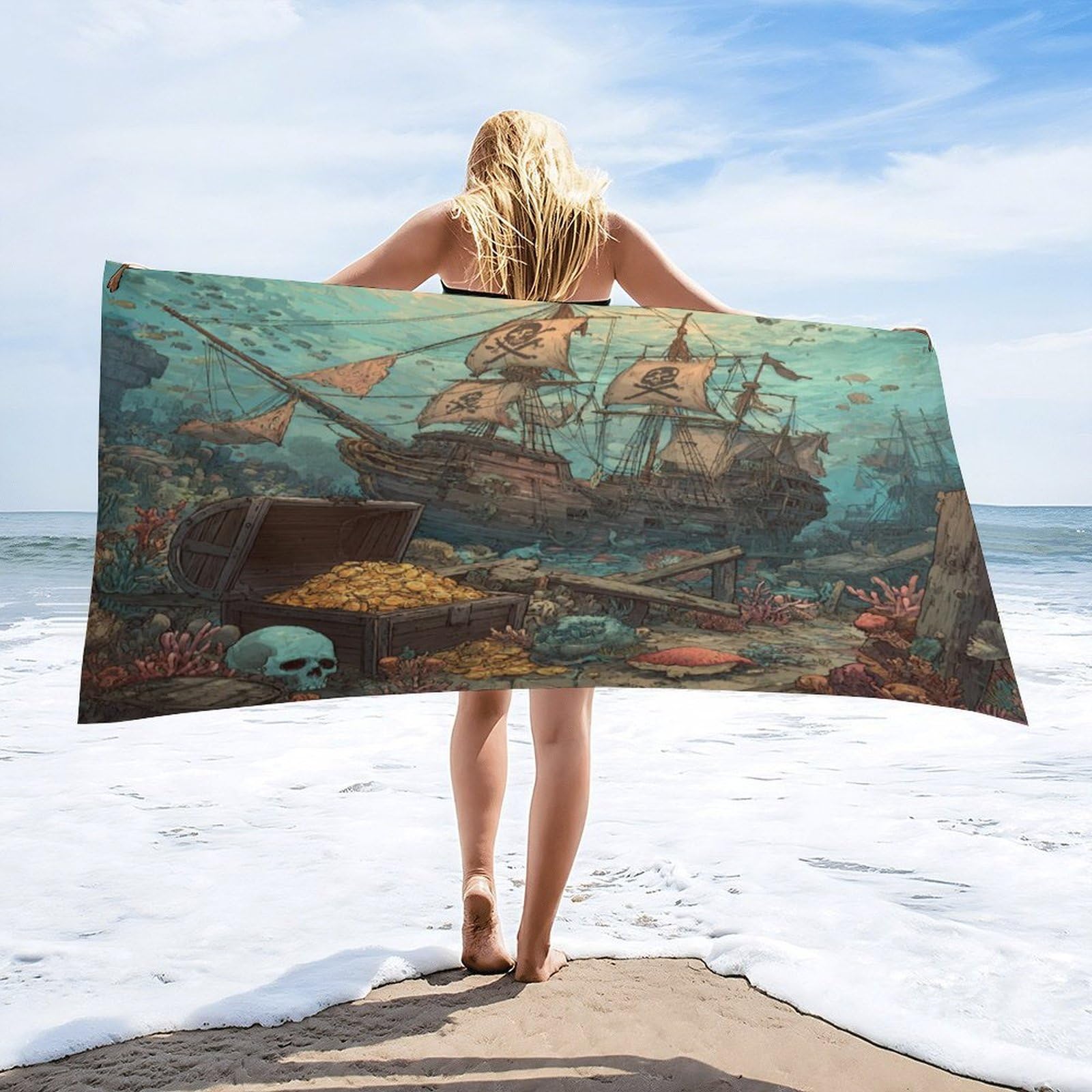 LUYYSKY Fantasy Classic Pirate Ship Absorbent Beach Towel, Retro Oil Painting Nautical Underwater Treasure Shipwreck Skull Outdoor Single-Sided Velvet Beach Towel-80 W cm x 160" L cm