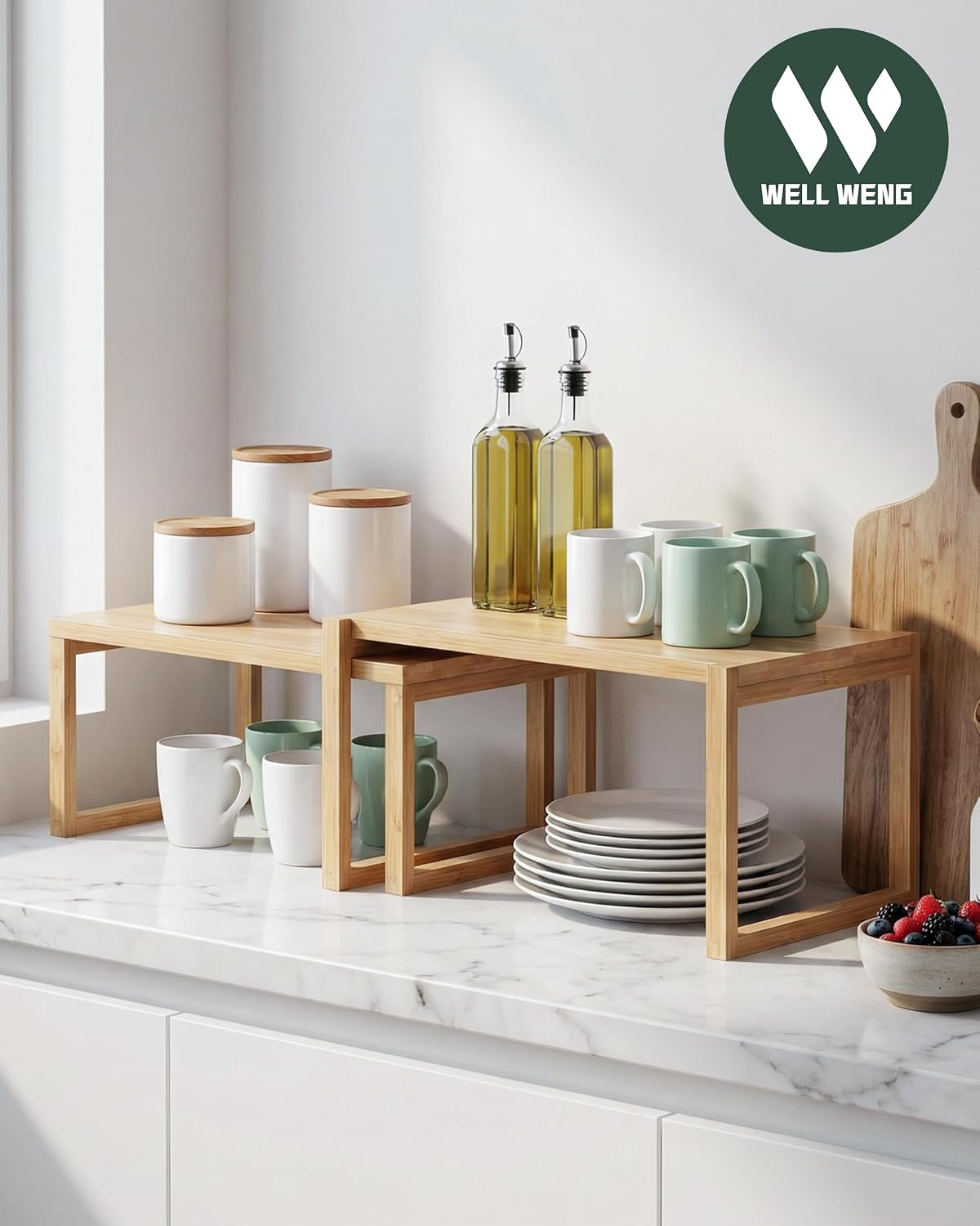 Bamboo Cabinet Organizer Shelf, Stackable Kitchen Counter Shelf Organizer for Cabinet, Pantry & Countertop, Expandable Wood Spice Rack Storage for Kitchen and Bathroom 2 Pack