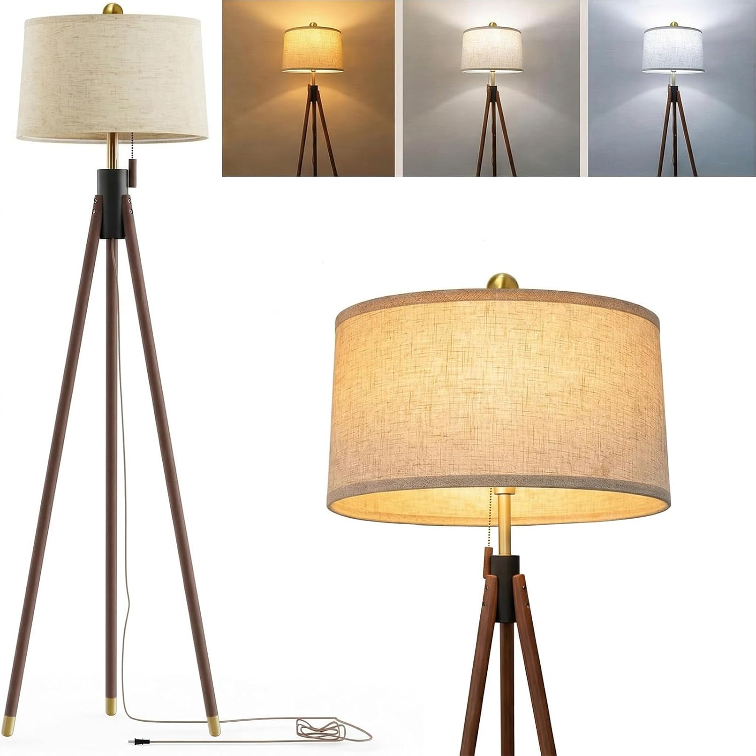 Mid Century Tripod Floor Lamp with Solid Wood Legs, Modern Wooden Floor Lamp with Linen Shade & Pull Chain, Tall Standing Lamp for Living Room Bedroom Reading Corner Home Office, 12W LED Bulb Included