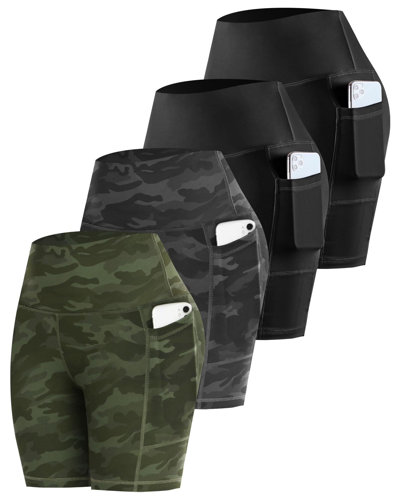 CHRLEISURE Womens Biker Yoga Shorts with Pockets: High Waisted Tummy Control Spandex Workout Athletic Gym Shorts 4 Packs