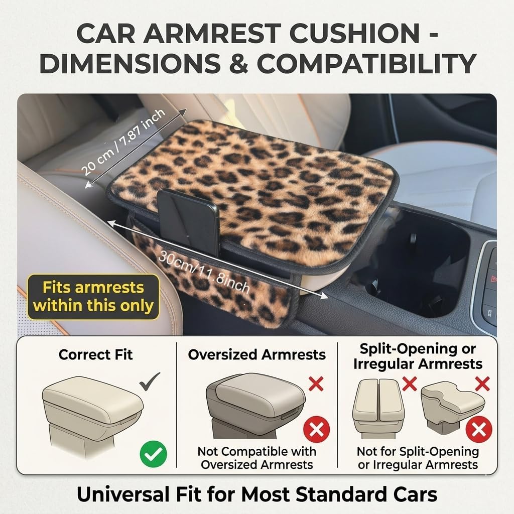 Car Armrest Cover Pad, Leopard Car Center Console Cover,Fluffy Car Arm Rest Cover Cushion with 2 Storage Bags,Interior Accessoires for Most Vehicles(Brown)