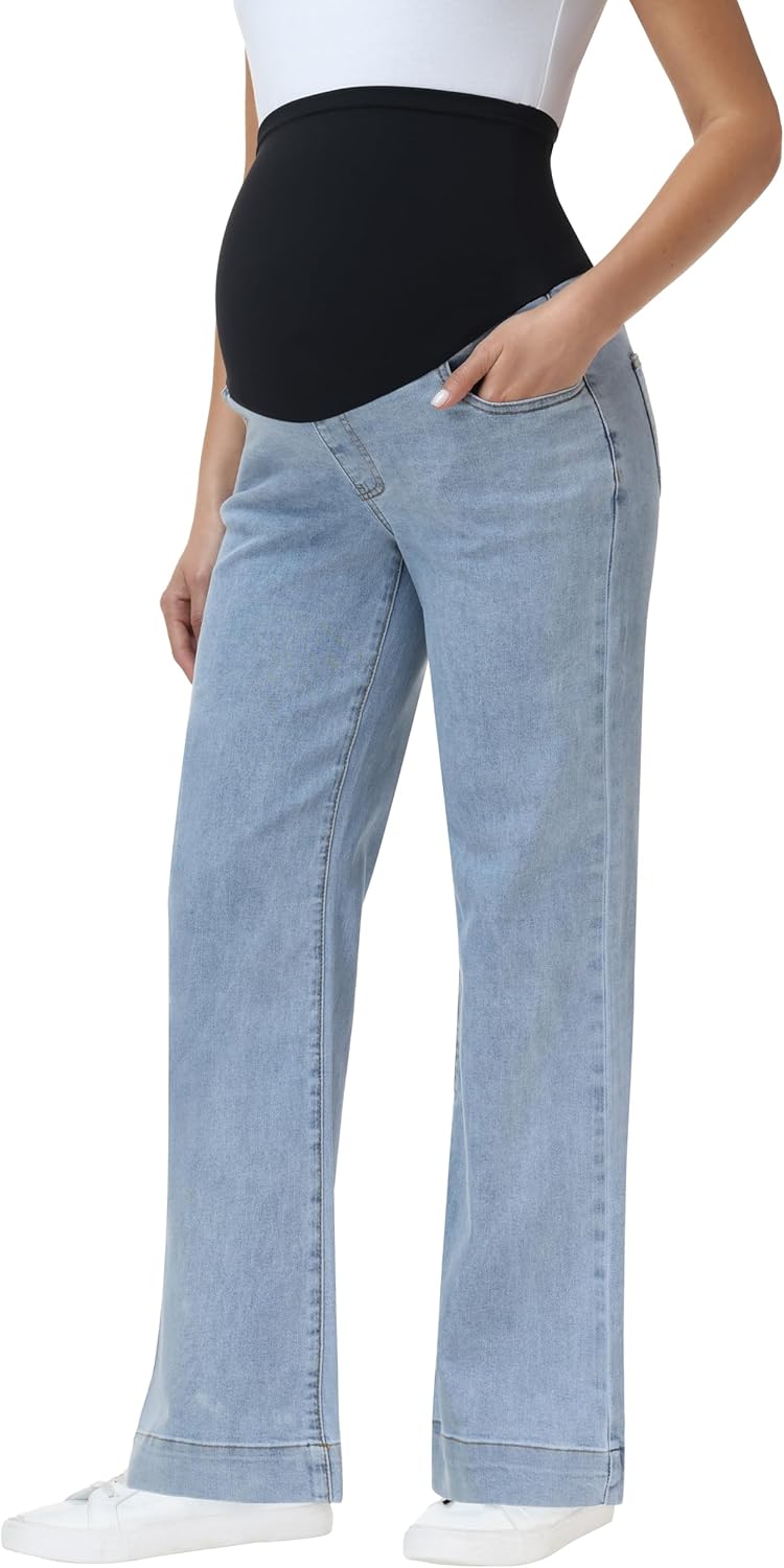 Foucome Maternity Jeans Over The Belly Wide Leg Jeans Stretch Baggy Pregnancy Denim Pants