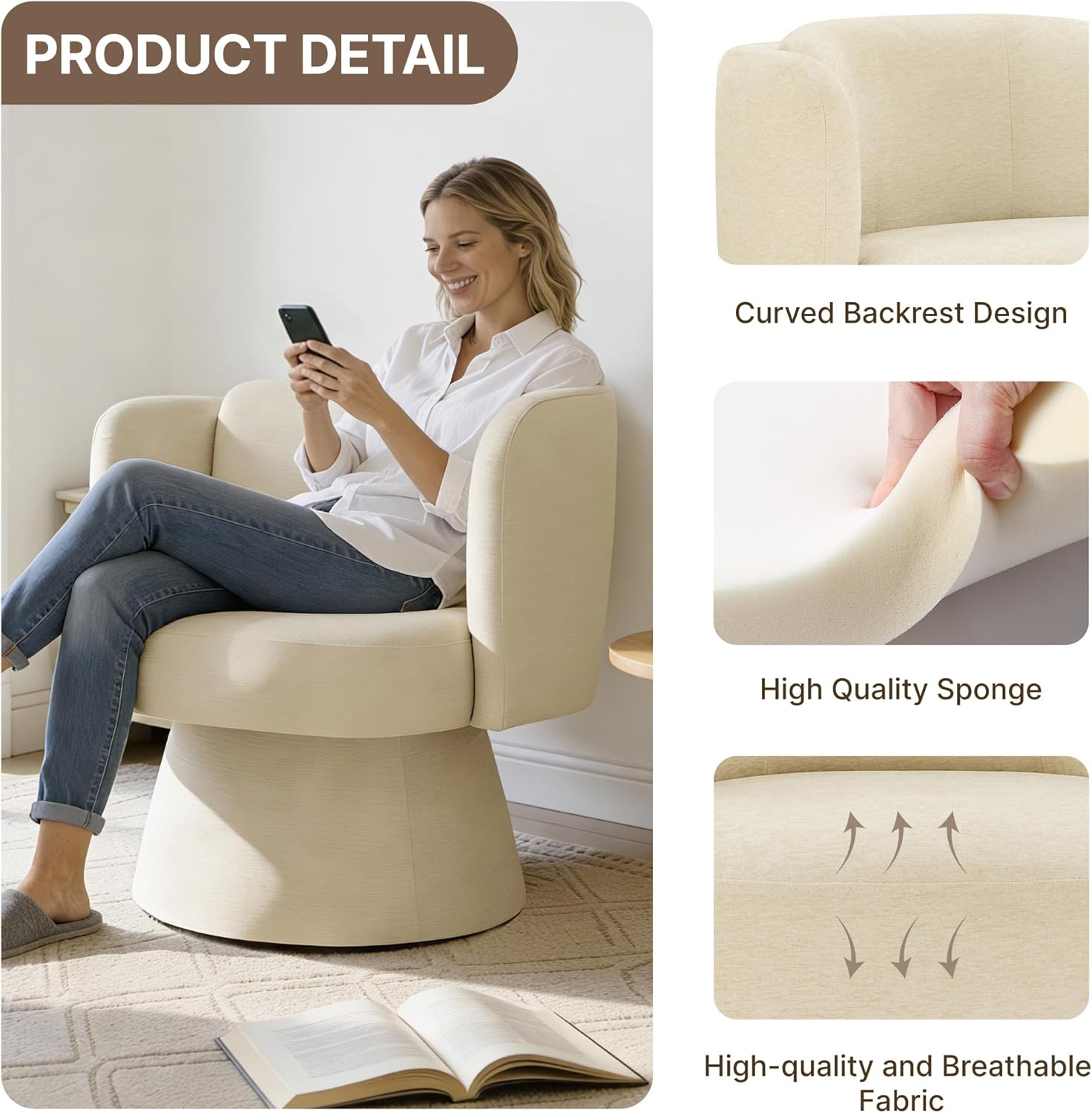 Swivel Barrel Chair Set of 2,360° Accent Chairs with Round Backrest,Upholstered Lounge Chair for Vanity,Living Room,Bedroom,Reading Nook,Sand