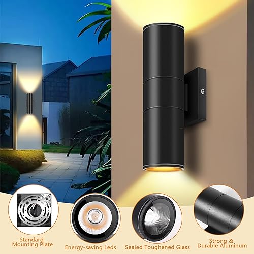 Miniatura 5 de RIDALUX Paquete de 2 lámparas de pared para exteriores impermeables con luces LED hacia arriba, luz moderna para exteriores para porche, patio,