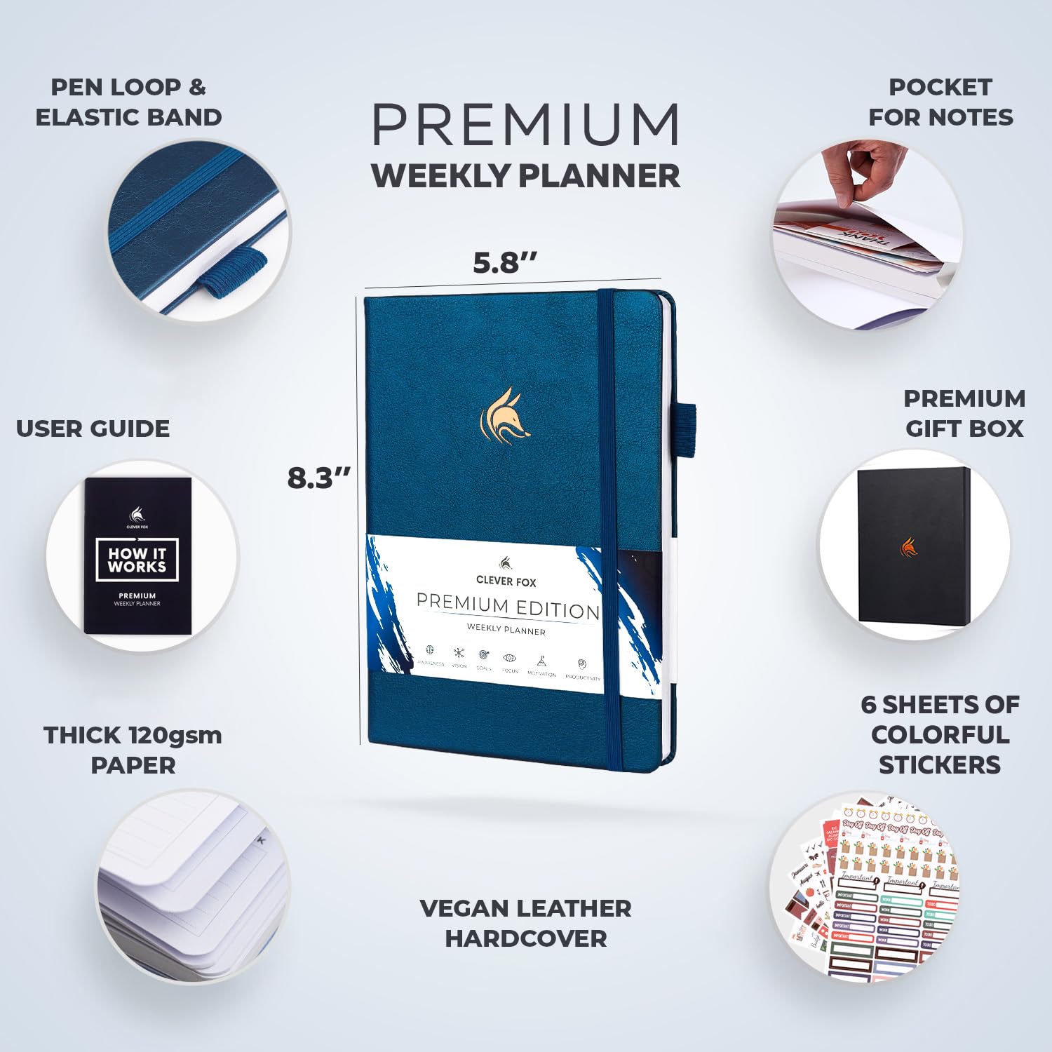 Clever Fox Planner Premium – Agenda settimanale e mensile non datata per produttività e gestione del tempo, A5 (blu mistico)