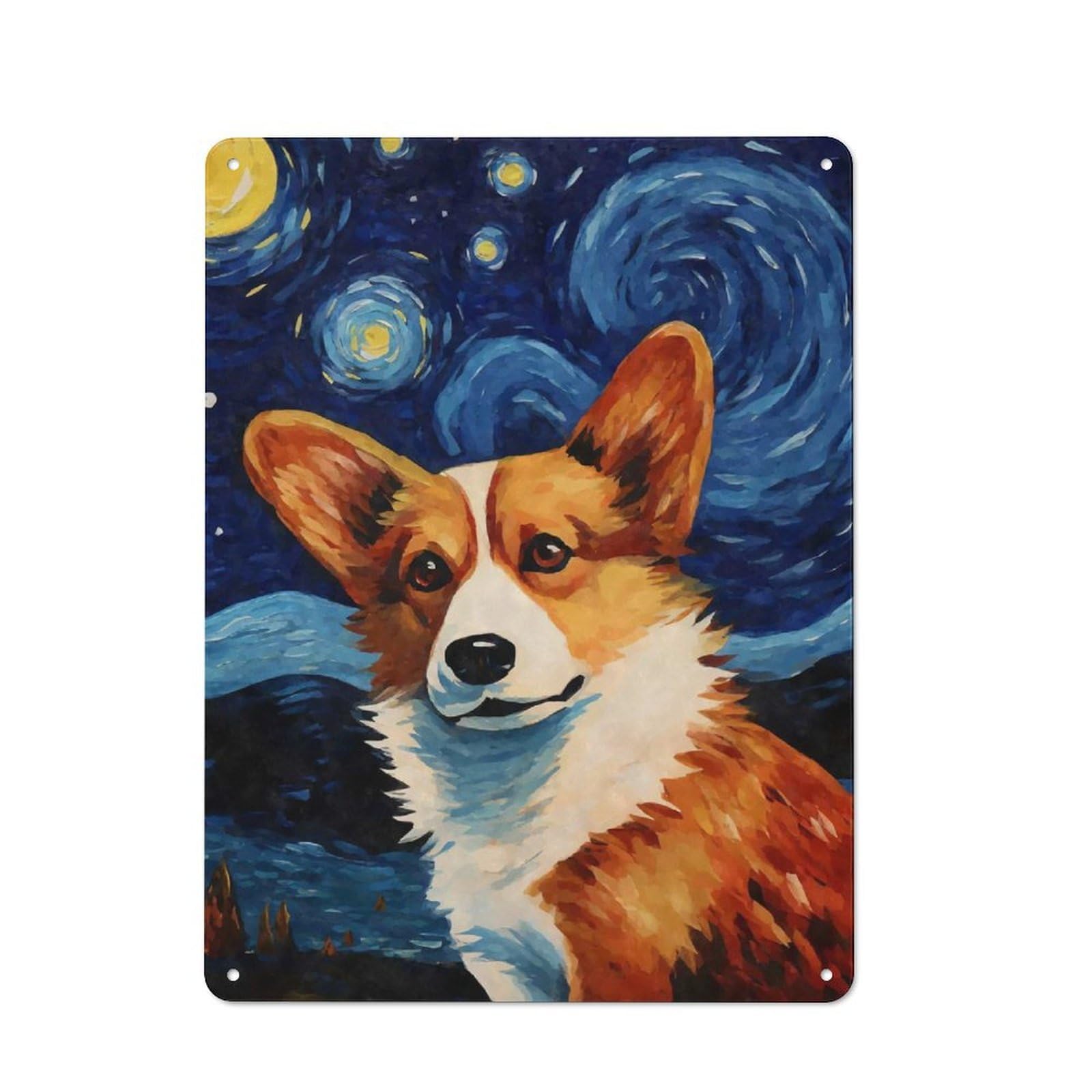 Junmoney Style-10 Bistro Style Bistro Metal Sign 40X30cm Featuring Welsh Corgi Starry Night, Shop Wall Decor For Takeaway, Bar, Kitchen Or Counter Area