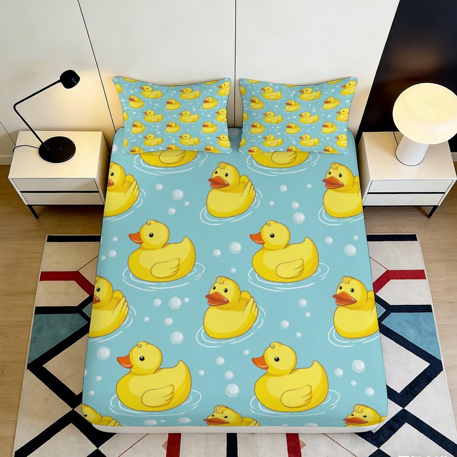 3D Printed Yellow Duck Fitted Sheet Microfiber Deep Pocket Elastic Hem Bedroom Bedding Yellow Duck Mattress Fitted Cover Non-Slip Washable Protective for All Ages 200x200x25cm