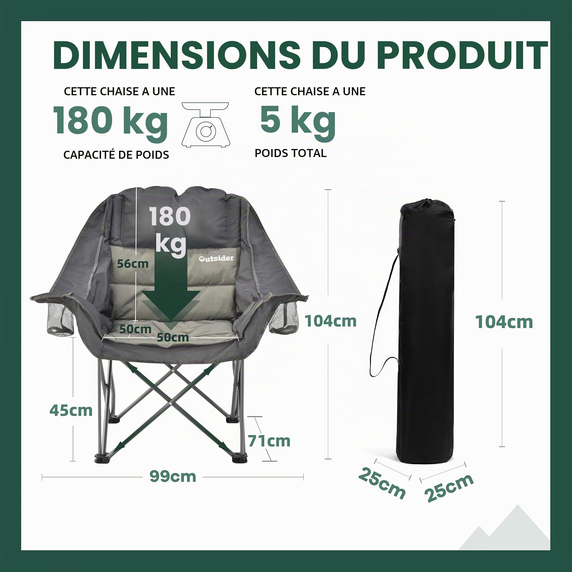 OUTSIDER Fauteuil Camping XXL 180 kg Pliant Rembourré | Dossier haut, porte-gobelets, Ripstop 600D, acier anti-rouille, housse transport, pour jardin, plage, festival, pêche, voyage