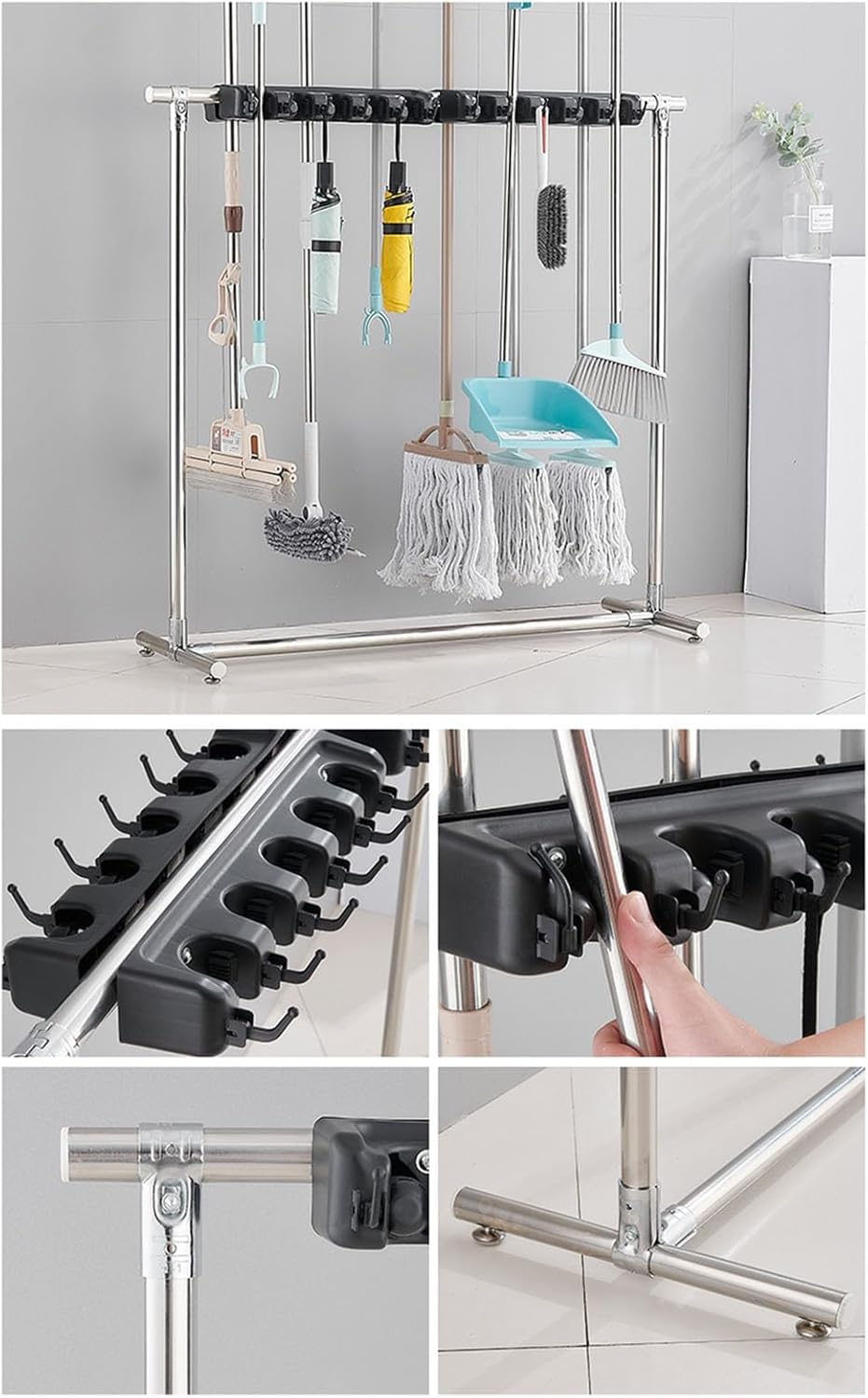 Soporte Metálico Resistente para Trapeador Y Escoba, Carrito De Limpieza Multifuncional para Limpieza Y Organizador De Herramientas para Jardín, Garaje, Escuela, 10 mop Clips + 12 Hooks