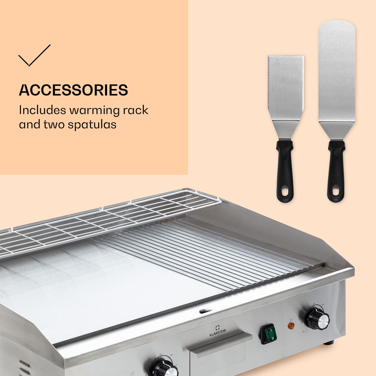 Klarstein Parrilla Eléctrica - Grill de Mesa con Pantalla LED para Balcón e Interior, Acero Inox, Placa Antiadherente Extraíble, Antisalpicaduras, 2 Zonas, 50-300 °C