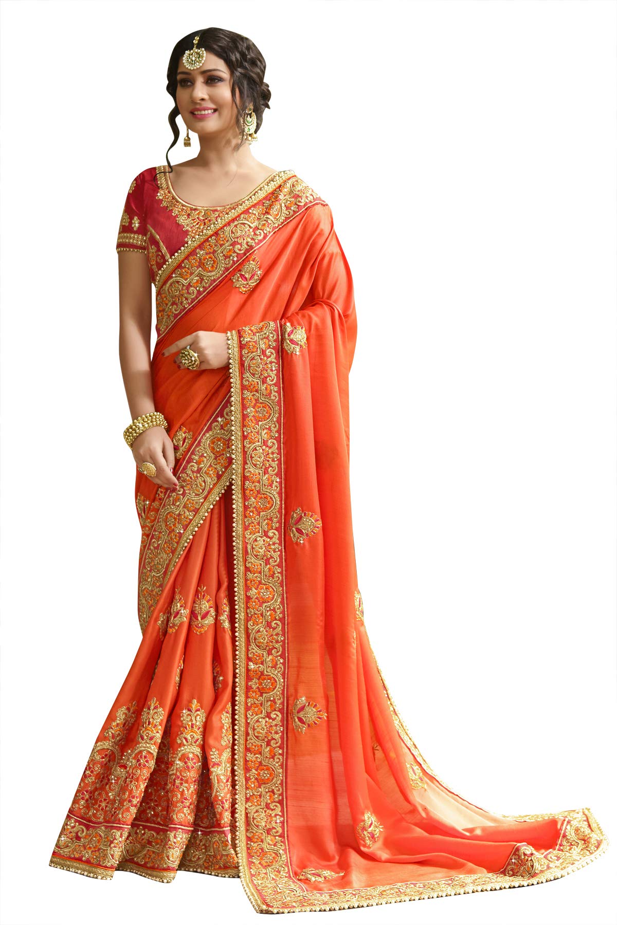 FABZONEWomen Chiffon Silk Indian Tradition Saree With Blouse Piece (Orange, Red)