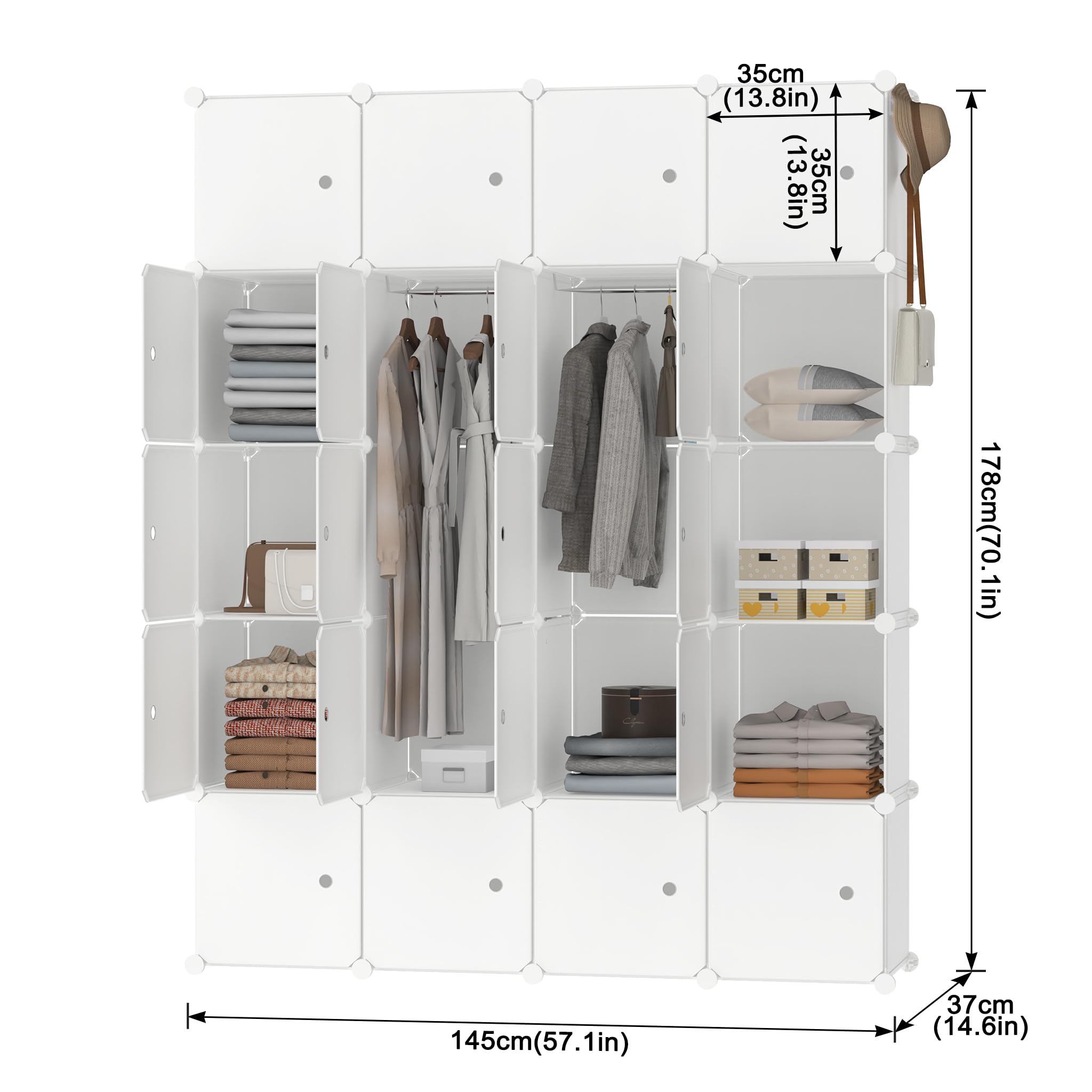 LZQ Armadio multiuso, sistema di scaffalatura fai da te, in plastica, per camera da letto, con porta, con 20 cubi e asta appendiabiti (latte)