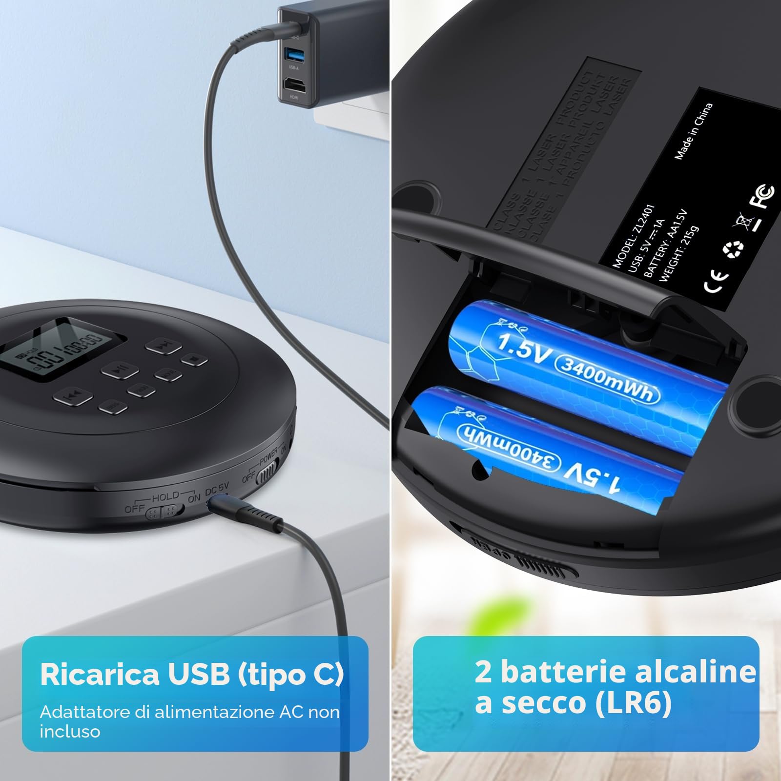 Gueray Lettore CD Portatile Lettores CD Personale con Cuffie Display LCD Anti-Skip Protezione HiFi Classico CDs Lettori di Musica Memoria per Auto Casa (Nero)