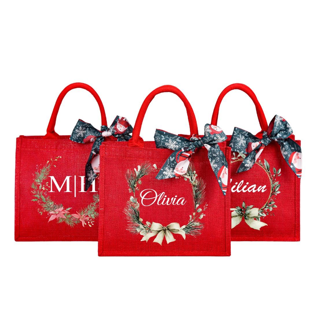 Personalised Name Christmas Wreath Gift Bag with Scarf – Custom Holiday Present Bag in 3 Sizes, Festive Reusable Xmas Wrapping