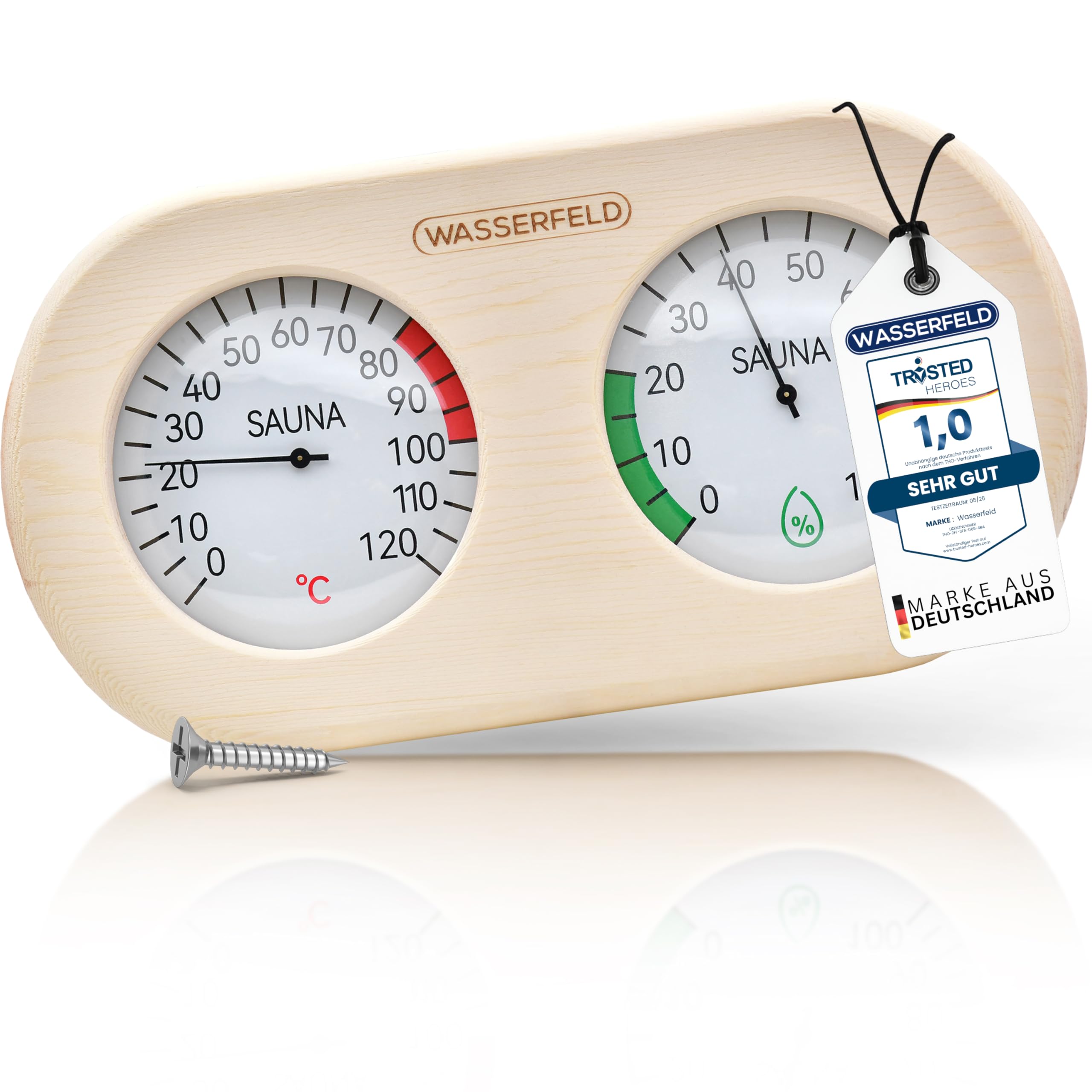 WASSERFELD® Thermomètre hygromètre de sauna [fonction 2 en 1] Thermomètre de sauna précis pour une mesure précise de la température et de l'humidité – Hygromètre avec verre trempé – Accessoires de