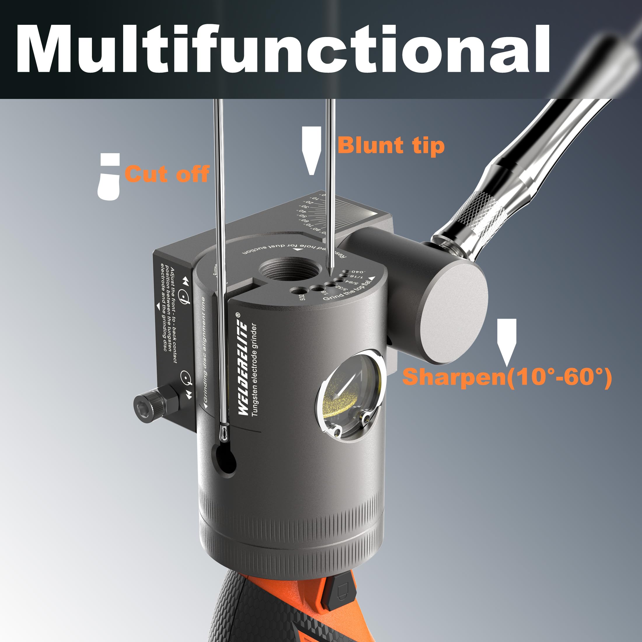 Afilador de electrodos de tungsteno, ajuste de ángulo continuo de 10°-60°, se adapta a electrodos TIG de 0.04 a 1/8 pulgadas de diámetro (gris)