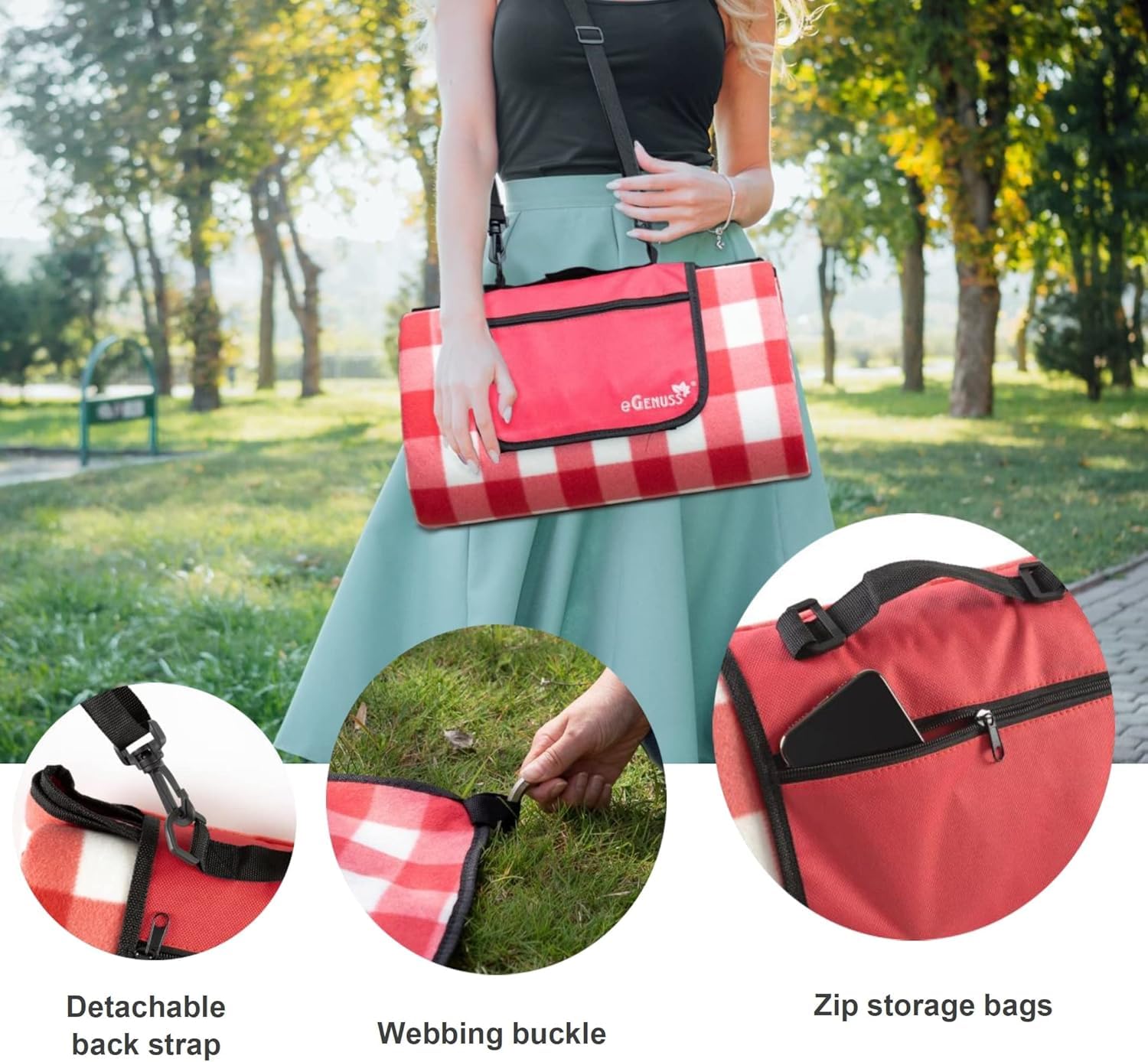 Set 1 Handgefertigtes Picknickkorb für 2 Personen mit Kühlfach und Zubehör + 1 wasserdichte Picknickdecke | Rot