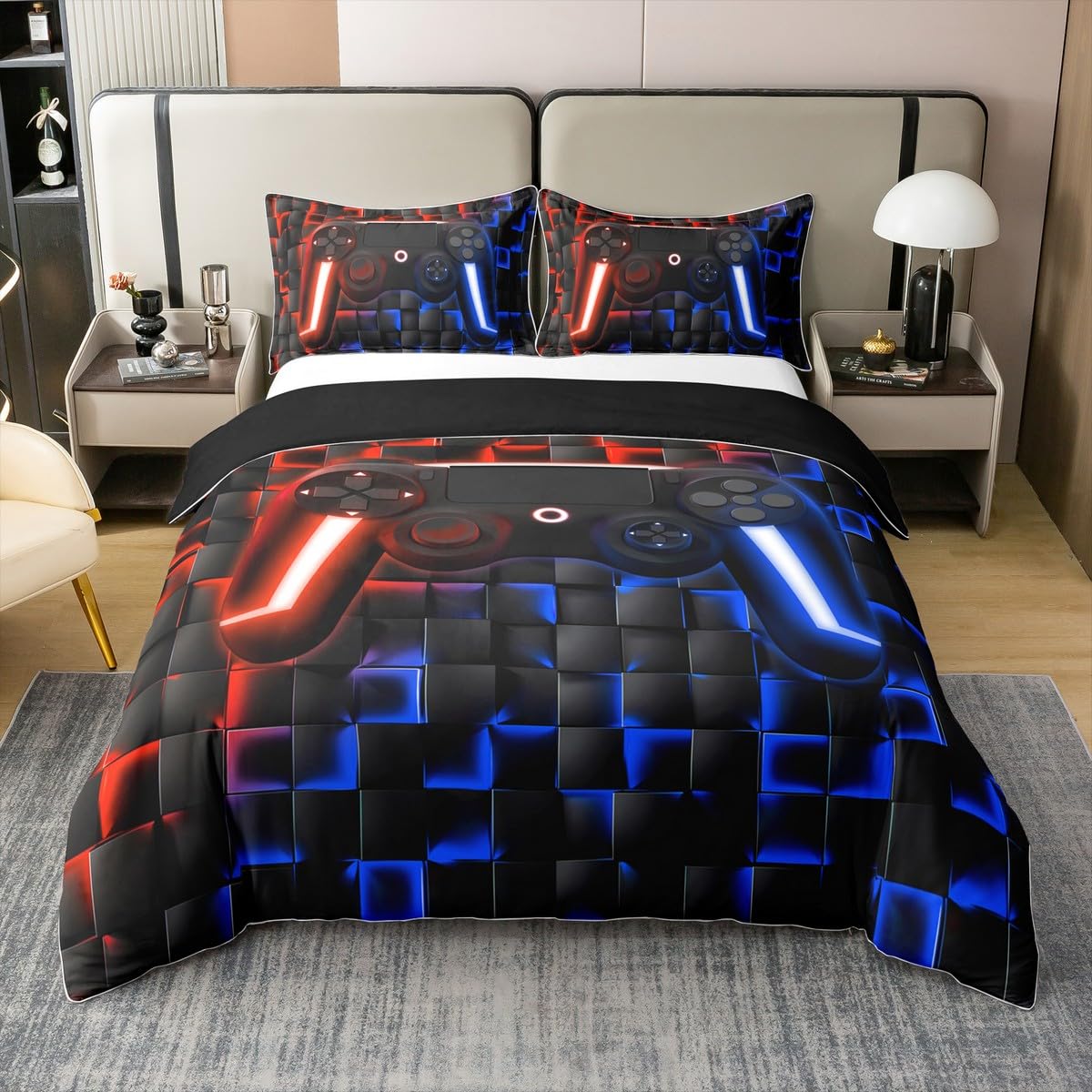 Kinder Gaming 100% Baumwolle Bettbezug 155x220 Jungen Geometrische Gamer Bettwäsche Set Neon Lichter Rot Indigo Blau Spielkonsole Teen Jungen Tröster Abdeckung 3D Ombre Checked Gamepad Dekor Bett Set