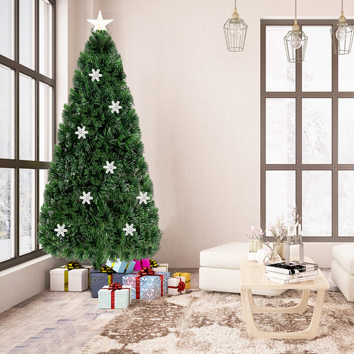 GOPLUS Árbol de Navidad Artificial de 180cm con Copos de Nieve | Árbol de Abeto con Fibra Óptica LED, Decoración Navideña y Soporte de Metal