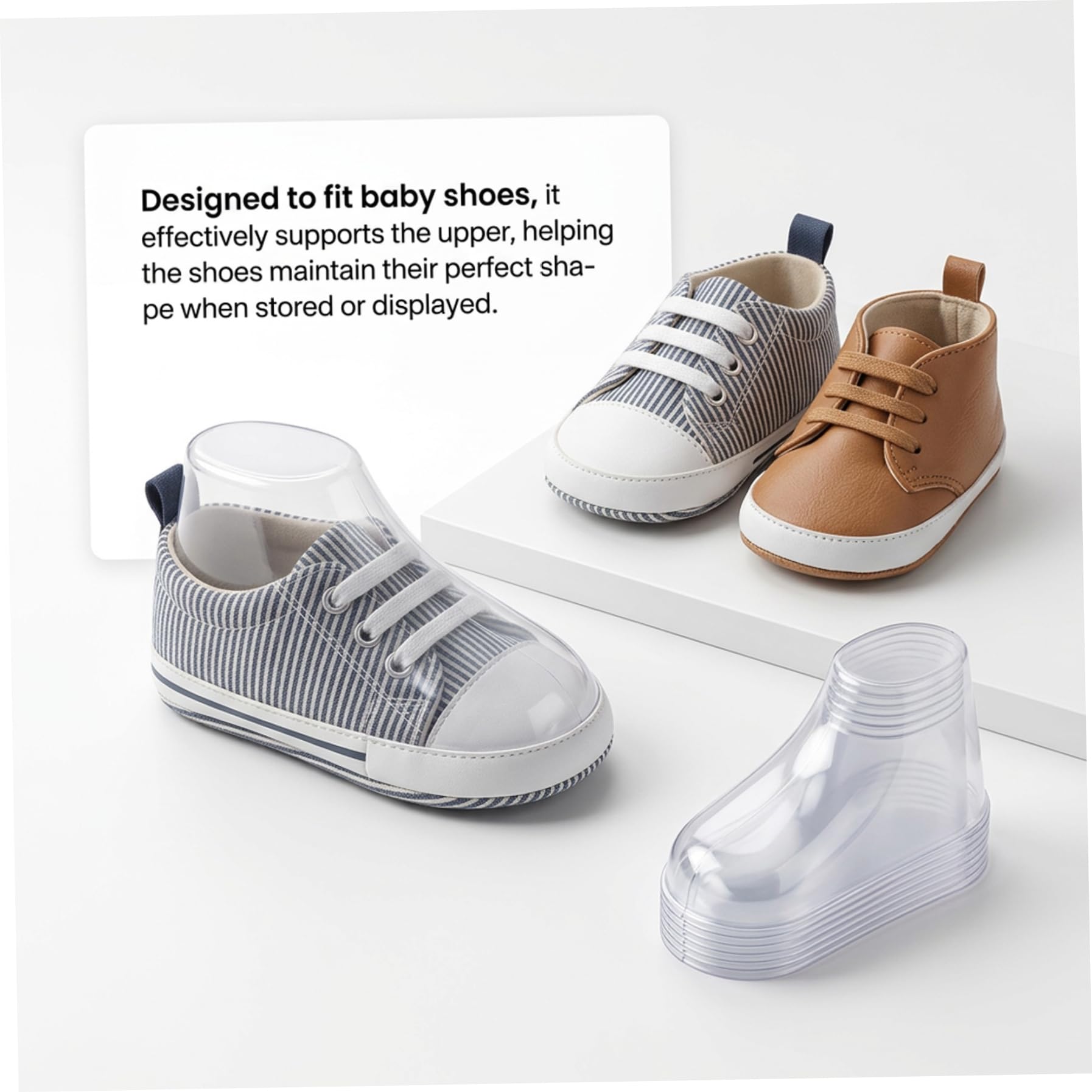 Modello di scarpe in plastica trasparente per scarpine da neonato, 90 pezzi di espositore trasparente per scarpe da neonato, modellatori multi-misura per mantenere la forma (8/10/12 cm), piede t
