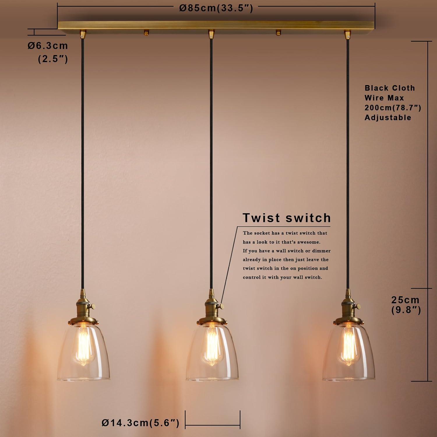 PathsOn Industrial Vintage Loft Bar Chandelier Bell Clear Glass Globe Shade Three Lights Hanging Ceiling Pendant Light Lamp Fitting - Image 6