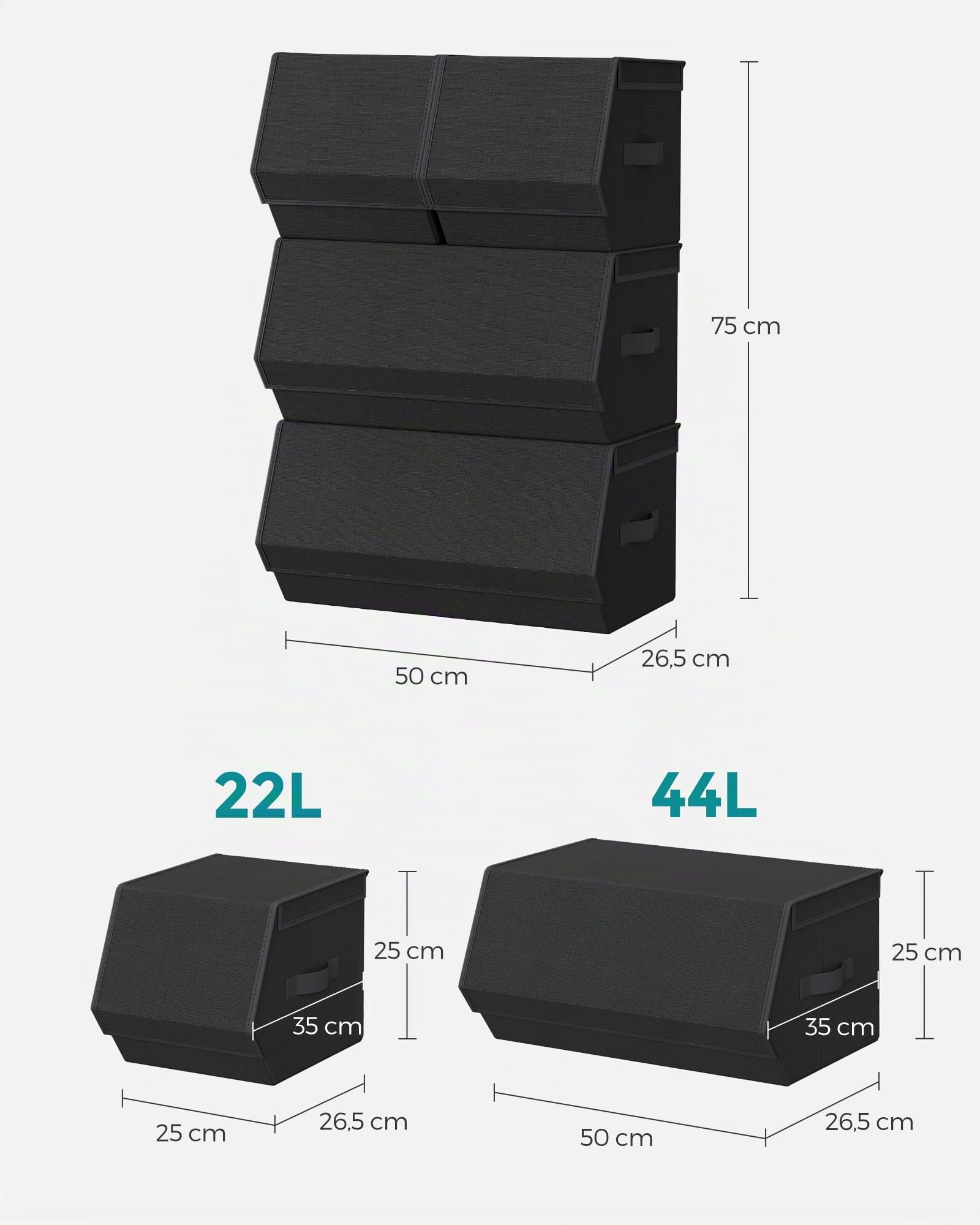 SONGMICS Set di 4 Scatole con Coperchio, Organizzatori Impilabili per Armadi, Contenitori con Chiusura Magnetica, Scatole in Tessuto, Struttura in Metallo, per Libri Vestiti, Nero Classico RLB022B01