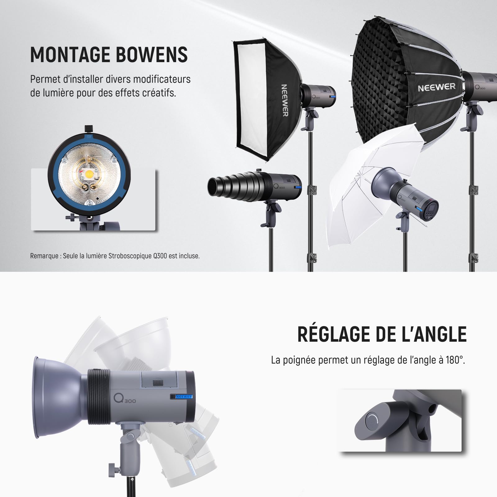 NEEWER Q300 Flash de Studio Extérieur 300Ws 2,4G avec Déclencheur sans Fil Q Compact, Batterie Li-ION 7800mAh,éclairage Stroboscopique pour Studio Photo,Monobloc sans Fil 1000 Flashs Pleine Puissance
