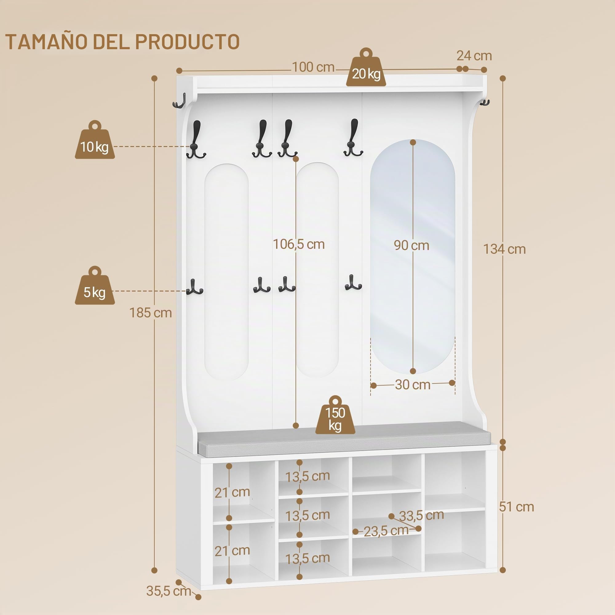 Hzuaneri Perchero con Banco Para Zapatos, Armario con Espejo, Blanco | Almacenamiento de zapatos, 10 ganchos, estantes ajustables, independiente, para recibidor, 35,5 x 100 x 185 cm, HT23503X