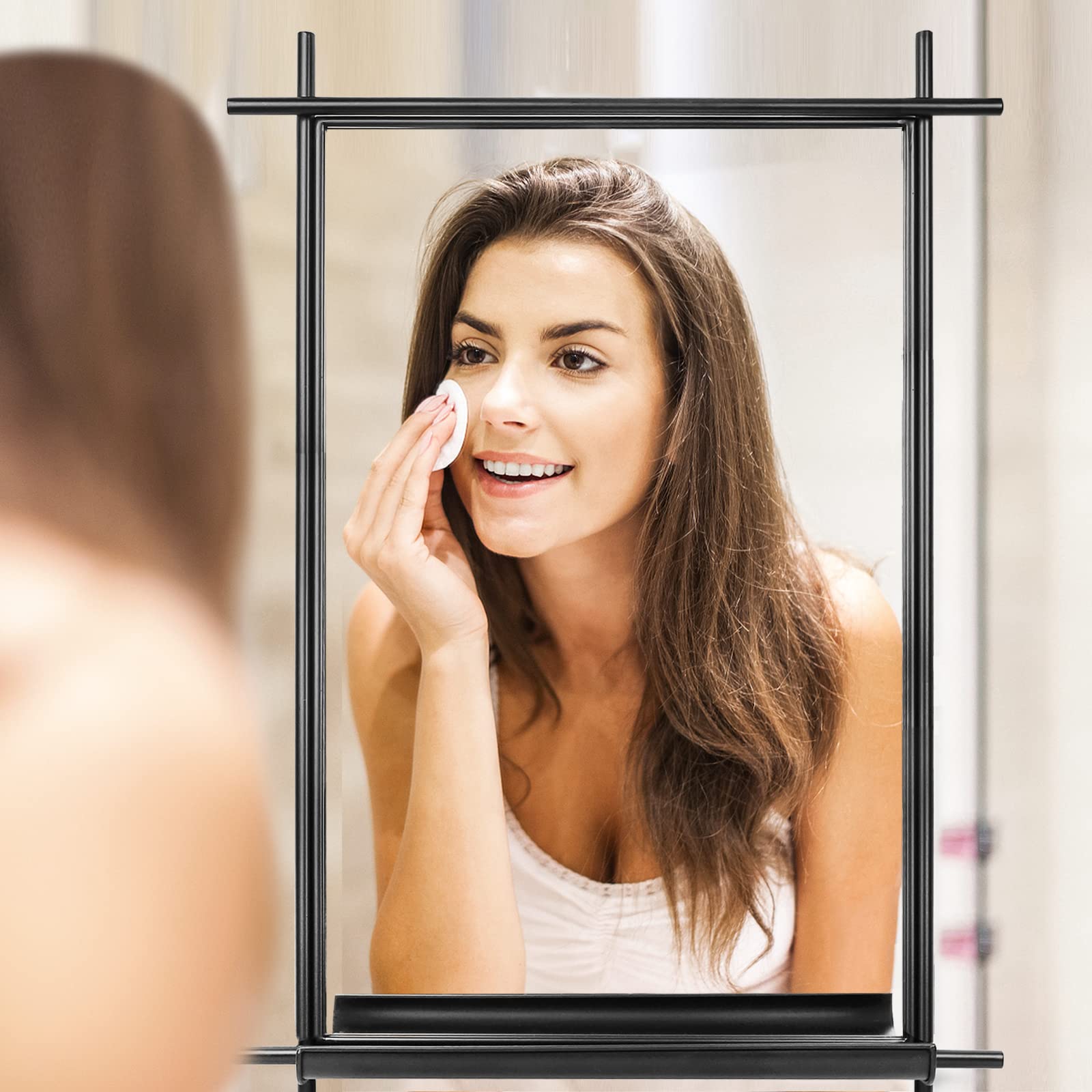 Bathroom Wall Mirror with Shelf - 22x32 Matte Black Metal Framed Industrial Rustic Hanging Mirror with Cross Corner, Modern Wall-Mounted Vanity Mirror for Washroom, Bedroom, Living Room, Entryway