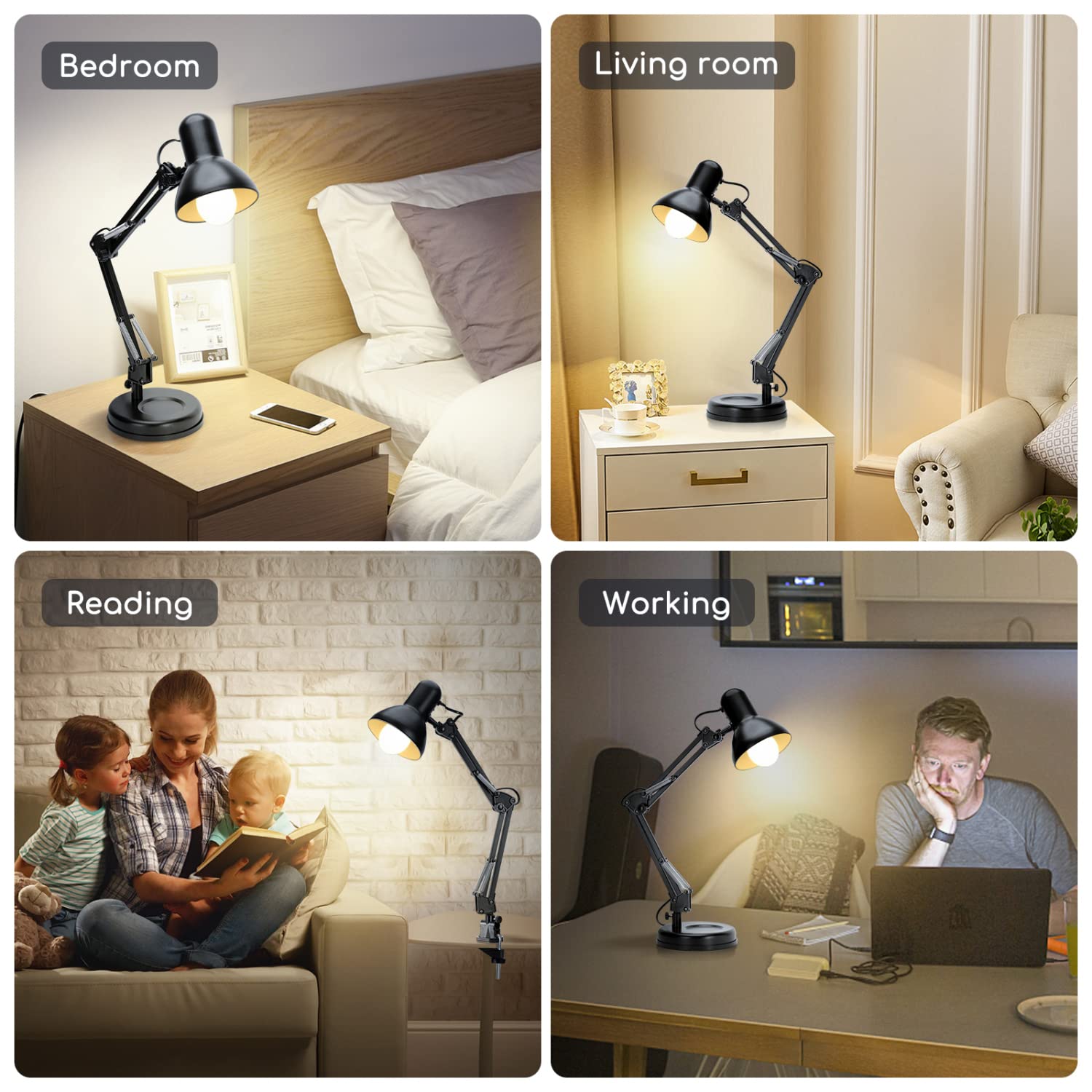 Aigostar Lámpara de Escritorio E27, Flexo Lamparas de Mesita de Noche con Base y Abrazadera, Brazo articulado de metal, Lámpara de Mesa Ajustable para Oficina, Sala, Estudio y Dormitorio - Negro
