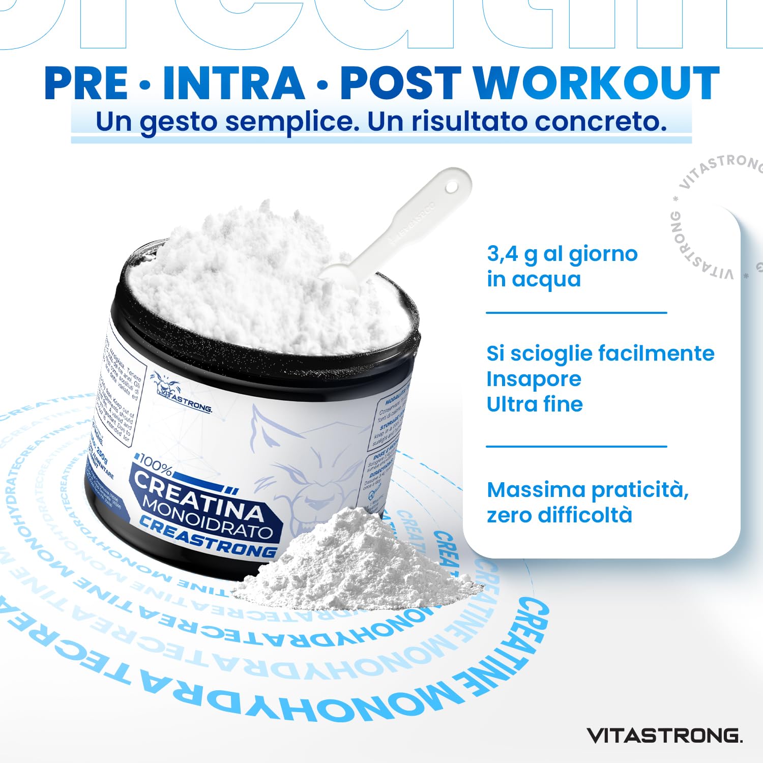Creatina Monoidrata 3000mg CreaStrong Vegan Pura, Creatina in Polvere Senza Additivi, Pre, Intra, Post Workout, Alternativa a Creatina Capsule e Compresse (250 g (Confezione da 1), Creastrong)
