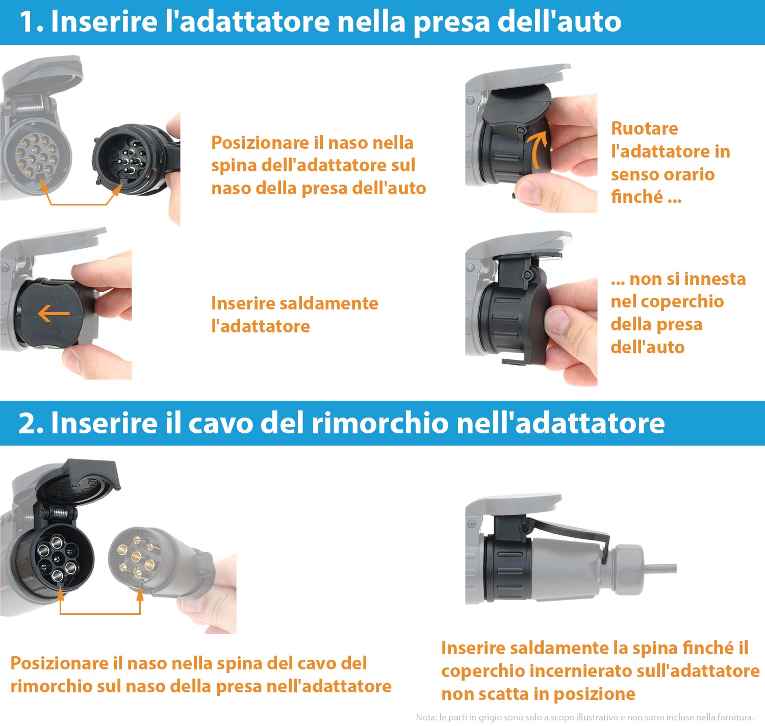 Adattatore Elettrico da 13 a 7 poli, Connettore per traino per Rimorchi e Roulotte, incluso Copertura per Gancio a 13 poli, impermeabile, ISO 11446 e ISO 1724, 12 V, adattatore di traino