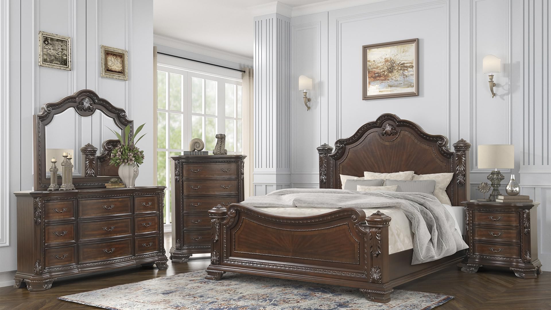 Vintage Traditional Style King 5PC Bedroom Set Made with Wood in Walnut