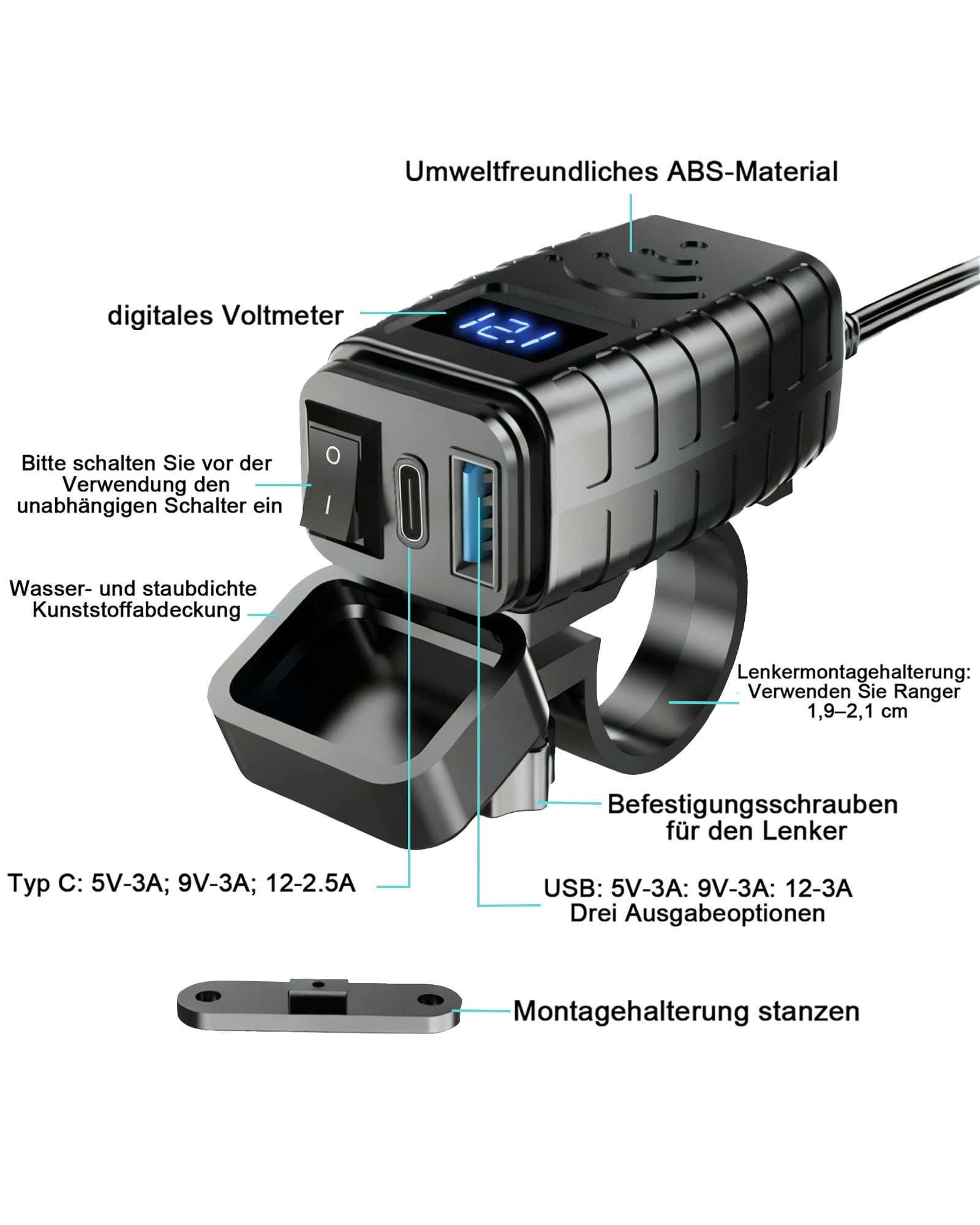 Prise USB Moto Etanche 12V: Chargeur USB Moto QC3.0 USB & PD Type C Accessoire Moto Prise USB Moto Avec Voltmètre et Interrupteur Marche pour 12V~24V Voiture/Camping-Car/Véhicule/Bateau