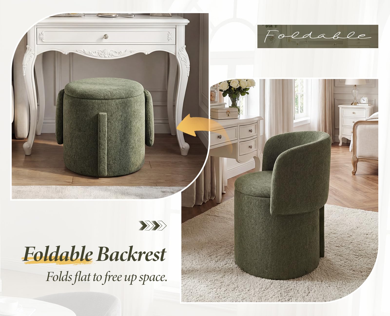 Ya-Home Set di 2 Sedie da Pranzo Sedie da Cucina con Schienale Pieghevole Sedie Imbottite in Ciniglia con Contenitore Nascosto per Sala da Pranzo/Soggiorno, Verde