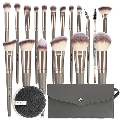 Glitzcharm Juego de 18 + 2 brochas de maquillaje profesional de alta calidad, sintéticas, de viaje, brochas de maquillaje para sombra de ojos, base,