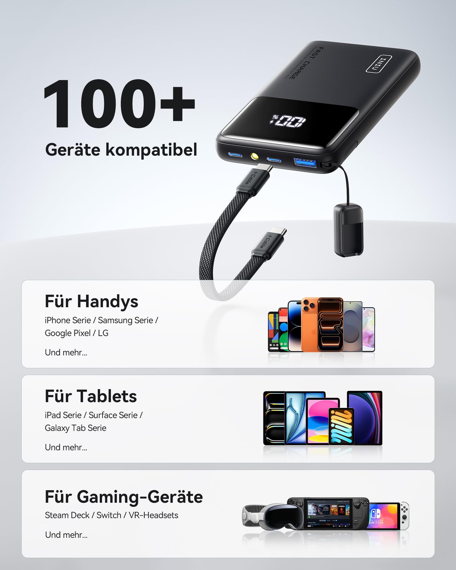 INIU Mini Power Bank, 10000mAh 45W Schnellladefunktion Powerbank mit USB C Kabel, Klein Externe Handyakkus für Reise Gadgets, Flight-Safe Ladegerät für iPhone 17 16 15 Pro Max Samsung S25 S24 etc