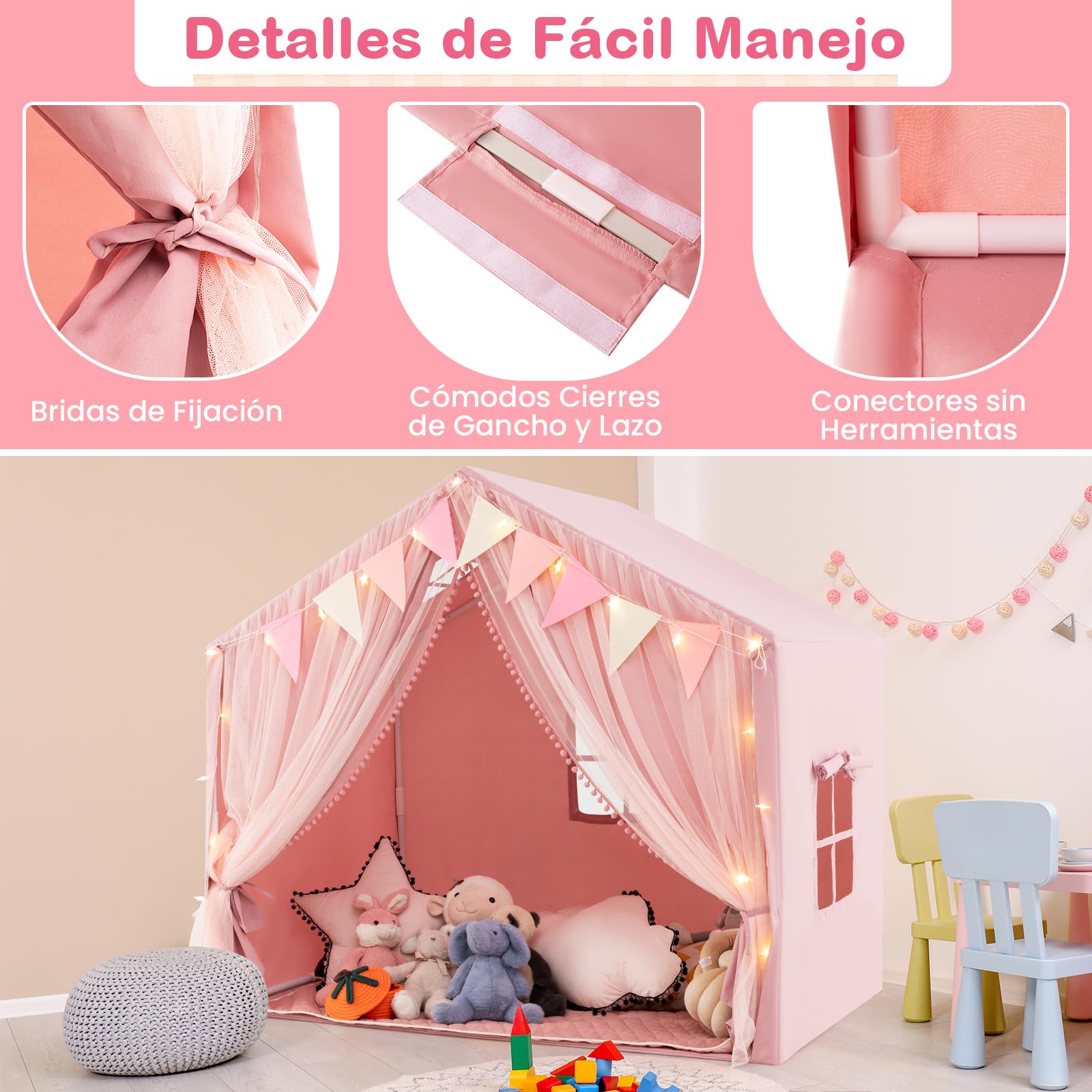COSTWAY Tienda de Campaña Infantil, Tienda Tipi Infantil con 2 Cortinas de Tela y Malla, Luces de Estrellas, 2 Ventanas Transpirables, Almohadilla de Algodón, Casita Niños Tela para 3-4 Niños (Rosa)