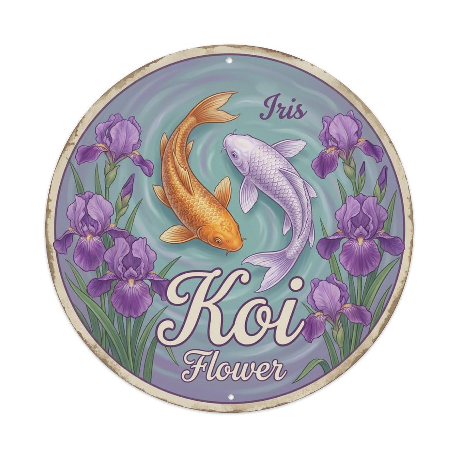 Koi Fish Iris Flower Waters Purple Bloom Garden Elegant Metal Tin Sign